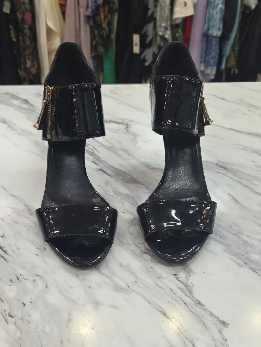 Gucci Black Patent Leather Stiletto Heels with Gold Zip Accent
